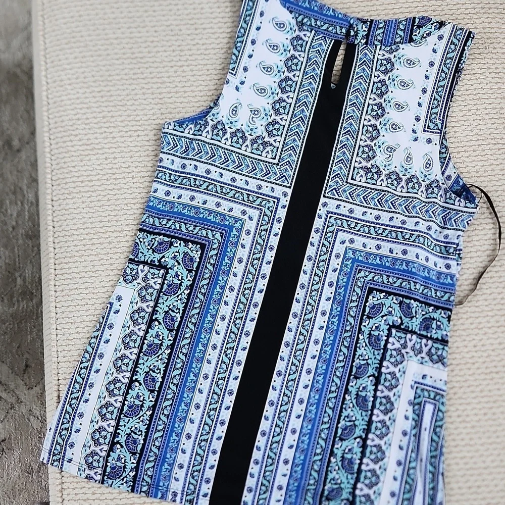 INC Blue and White Sleeveless Tank Top with Mandarin Collar, Size Medium